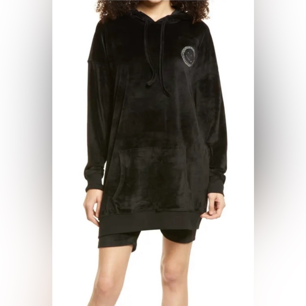 Nordstrom BP Black Rhinestone Smile Face drawstring hoodie velour Sweatshirt Sm